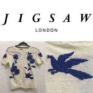 JIGSAW S/S KNIT CARDIGAN W/ BLUE EMBROIDERY. XS